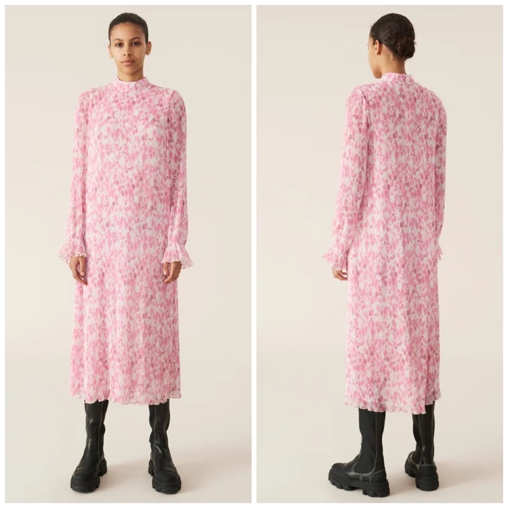 GANNI Pleated Georgette Midi Dress - Sweet Lilac